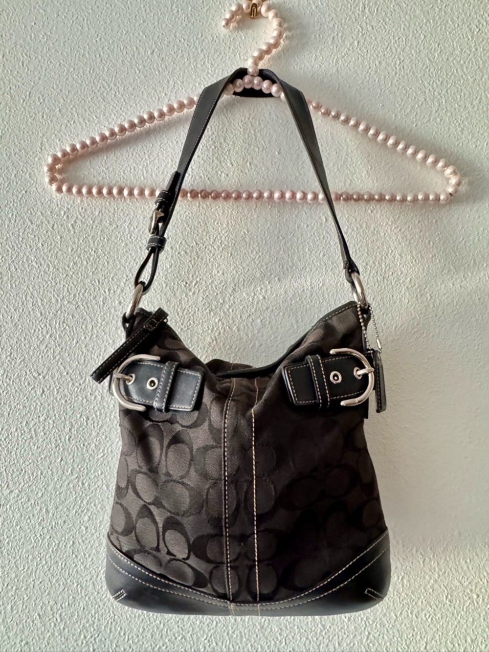 Coach Black Signature 3577 Hobo with Leather Trim